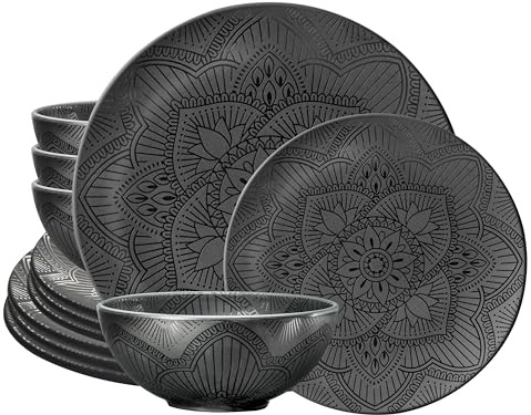 bzyoo 12 Piece Black Melamine Dinnerware Set - Durable, Dishwasher Safe Black Plates and Bowls - Ideals for Parties, Camping Dish Set La La Mandala