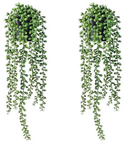 Konstgjord hängande växt, 2-pack konstgjorda växter inomhus, falska växter med krukor, falsk krukväxt sträng av pärlor, suckulenta växter, falsk murgröna, falsk växt för hem inomhus utomhus vägg
