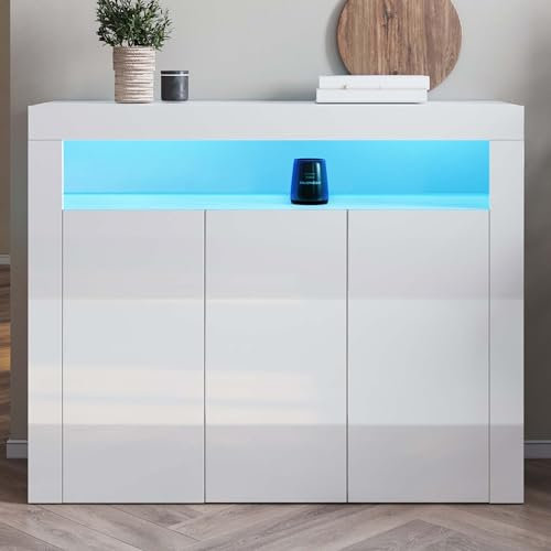 SONNI Kommode Sideboard mit LED Beleuchtung Weiß Hochglanz Wohnzimmermöbel Wohnzimmerschrank Standschrank B116xT35xH93cm