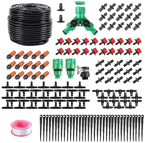 HUAZIZ 40 Meter Sistema Irrigazione a Tubo Singolo, 158 Pezzi Micro Gocciolamento Fai da Te con Ugello Regolabile Kit Sistema Irrigazione Automatico per Giardino, Patio, Serra, Prato,Pianta