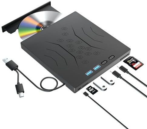 7 in 1 External DVD Drive, External CD DVD Drive for Laptop USB 3.0 & Type-C, Portable CD/DVD +/-RW Disk Drive, CD/DVD Burner CD ROM External Drive for Laptop Desktop PC Windows 7/8/10/XP Mac Linux