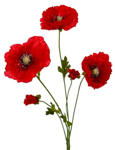 Floratexx Künstlicher Mohn mit 5 Blüten 64cm ROT, künstliche Blumen Kunstblume Mohnblume Wiesenmohn Feldmohn Feldblume
