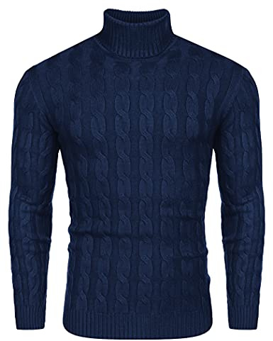 COOFANDY Pull Homme Sweat Uni en Maille Fine Côtelée Basique Pulls Col Roulé Régulière Fit Bleu Marine S