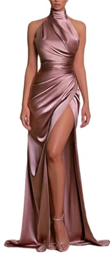 Pleated Satin Bridesmaid Dresses for Women, Halter Mermaid Bridemaid Dresses,Satin Bridesmaid Dresses (Blush Pink,L)