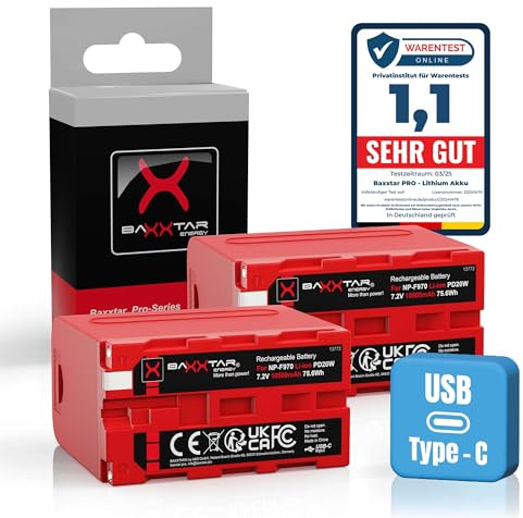 Baxxtar Pro Batterie NP-F970 10A Max (2X 10500 mAh) avec USB-C PD 20W entrée/Sortie - Sortie USB-A 2A pour NP-F990, NP-F980, NP-F960, NP-F950, NP-F750 - Compatible avec caméscope, lumières LED