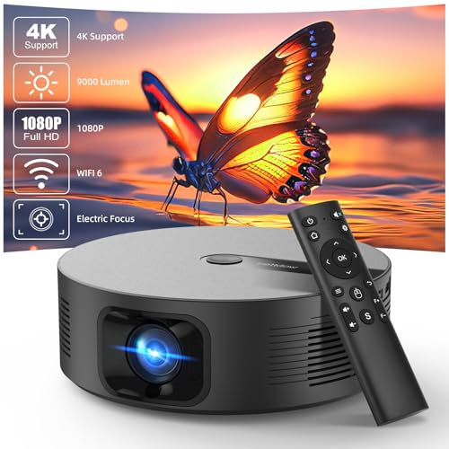 Bettdow Videoprojecteur 4K, Full HD 1080P 9000 lumens, Mise au Point électrique, Correction Automatique du Trapèze, Vidéoprojecteur avec WiFi6 & Bluetooth 5.0, Projecteur Fermé Home Cinema (Noir)