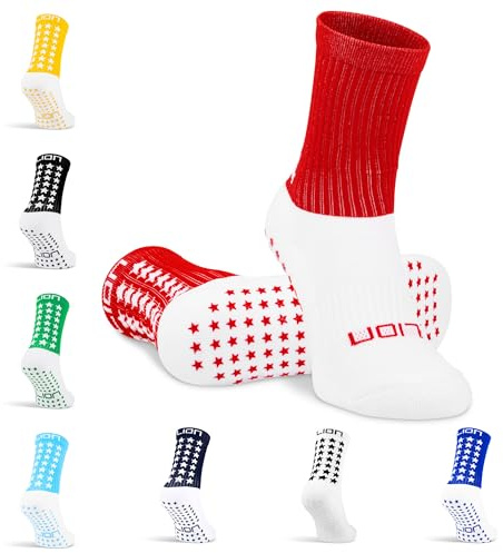 Lion Elite 2.0 Grip Socks – Non-Slip Football Socks with Dual Grip – Pairs with Sleeves, Adults & Kids Sizes - Red | Large