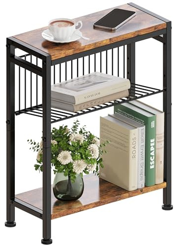 Schmaler Beistelltisch, 3 Ablagen Nachttisch Schmal mit Zeitschriftenhalter, sofa beistelltisch, Couchtisch klein für Wohnzimmer Schlafzimmer Küche & Balkon Arbeitszimmer (Vintagebraun & Schwarz)