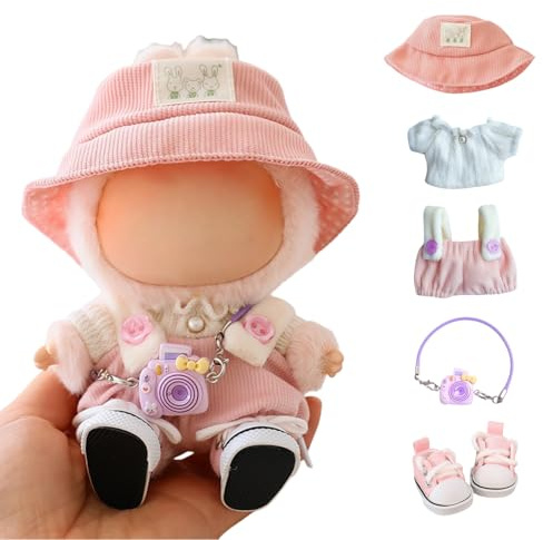 Clothes for Lu bubu 17cm Dolls Accessories(No Doll), Cute Outfit Set 5 Pieces Bib Pants for 17cm Doll Suit, Stylish Dress Up Overalls Doll Clothing Set Replacement with Hat Clothes Shoes Pink