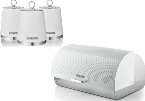 Swan Elegance White Breadbin and Tea, Coffee, Sugar Canisters. Contemporary Matching Kitchen Storage Set with a Premium Textured White Finish and Stainlesss Steel Accents