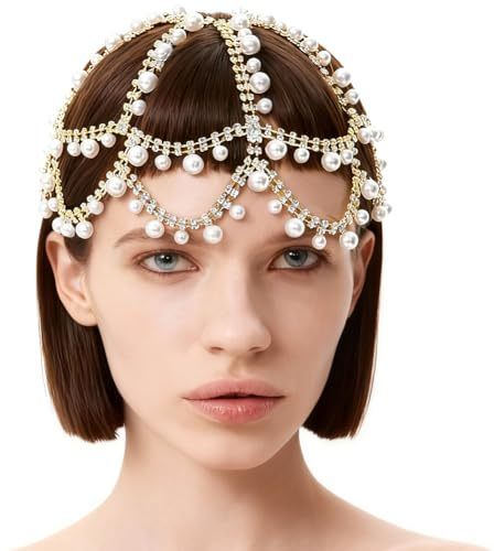 GORGECRAFT 1920 copricapo di Perle Berretto Flapper con Strass Catena per Capelli In Lega D'Oro Cristalli Scintillanti Fascia per Capelli In Rete Gioielli Capelli Boho Cerimonia di Nozze Ballo di Fine