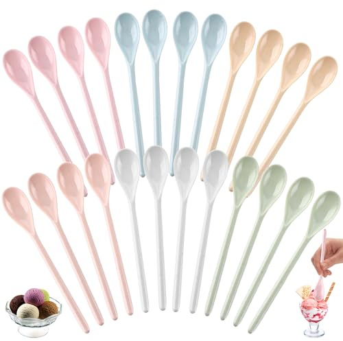 MUXHEL 24 cucharas de plástico, cucharas reutilizables de plástico, cucharas largas de helado, cucharas largas de plástico, cucharas de plástico reutilizables, para café, bebidas, huevos, yogur