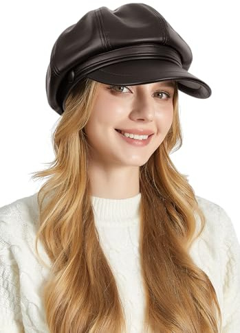 Ausing Béret Femme Chapeau en Cuir Casquette Français Newsboy Chapeau Gavroche Artiste de Peintre Chauffeur Marron Béret Basque Vintage Rétro Octogonal Classique Automne Visière Hiver