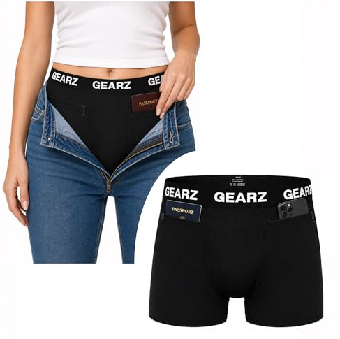 GEARZ - Boxer da Viaggio Donna Anti Pickpocket - Culotte con Tasche segrete - Shorty in Cotone Elasticizzato Nero (IT, Testo, M, Regular, Regular, 1, Nero)