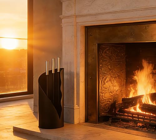 Calidola Fireplace Tools Set with Stand – 4-Piece Black Iron Companion Set with Stainless Steel Handles – Shovel, Brush & Poker – Modern Powder Coated Finish – 52.5cm Tall Fire Tool Set