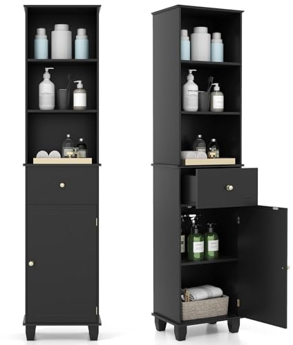 COSTWAY Bathroom Tall Cabinet, 172cm High Slim Bathroom Storage Unit with Drawer, Door and Open/Adjustable Shelves, Wooden Freestanding Narrow Floor Cupboard for Living Room Kitchen (Black)