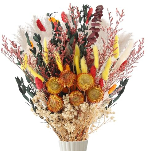 75 Pezzi Fiori Secchi Decorativi Autunno, 9 Specie Bouquet di Fiori Secchi per Vaso, Erba di Pampa Essiccata Naturale, Pampas Decorative Multicolore per Decorazione Soggiorno, Composizioni Nuziali