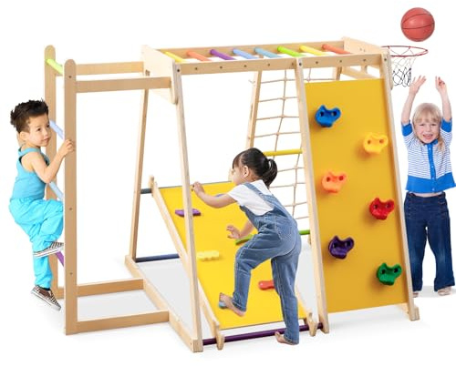 COSTWAY 6 in 1 Set da Arrampicata per Bambini in Legno, Parco Giochi con Scivolo Arrampicata Canestro da Basket Barra e Rete di Corda, Scala e Accessori, 3-14 Anni (Colorato)