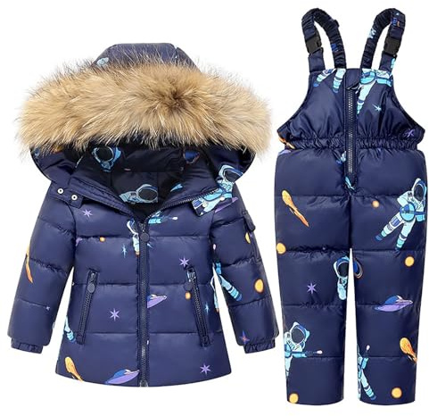 2-delad barn snödräkt puffer dunjacka med huva och snöskidor hängselbyxor vindtäta vattentäta vinterskidkläder set med fuskpälshuva en del kostym, Mörkblått, 120