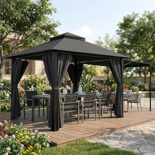 TRIUMPHKEY Pavillon Wasserdicht Stabil Winterfest,Garten Pavillion,Plane Gartenpavillon,Metallrahmen Pavillon,Patio Gazebo (Grau, Erweiterbar auf 3 x 4,8 m)