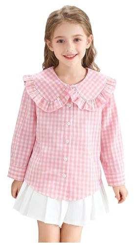 Girls Blouses Gingham Check Large Ruffled Peter Pan Collar Shirts with Button Up Lightweight Comfy Long Sleeve Top Back to School Spring Casual Wear Trendy 8-13 Years