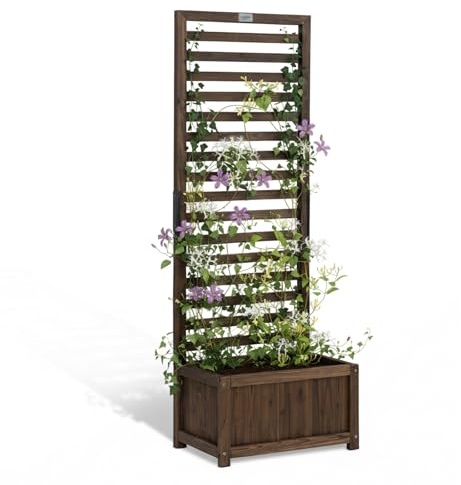 VINGLI Wooden Planter with Trellis, 51 Height Elevated Garden Beds Outdoor, FreeStanding Planter Box with Drainage Holes for Flower, Vegetable, Fruit, Herb in Garden, Patio, Balcony, 1PCS