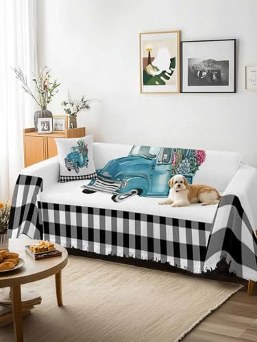 Summer Tropical Plants Sofa Cover Blanket Couch Covers for Armchair Cushion,Couch Sofa Silpcover with Tassel,Blue Truck Botanical Cactus Plaid Living Room Throw Towel Blanket Covers XX-L 71x150