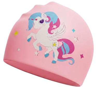 Swimming Cap for Kids Age 6-14, Cartoon Printed Silicone Swimming Hat for Boys & Girls, Stretch Waterproof Swim Cap Suitable for Short & Long Hair