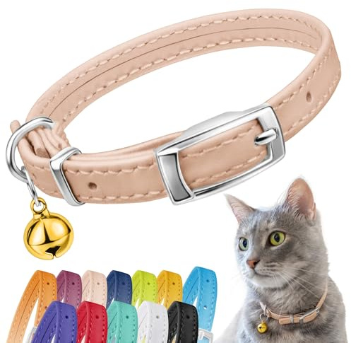 CollarDirect Collar de Piel para Gato con Correa Elástica y Campana - Seguridad para Gatito - Negro, Azul, Rojo, Naranja (Cuello 6-7 Pulgadas, Beige)