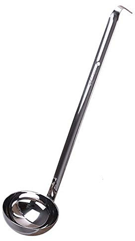 Soppslev rostfritt stål professionell servering slev bottenslev med långt handtag med krok för sås, soppa, gryta, matlagning, såssked, 7 x 27 cm, 90 ml, silver