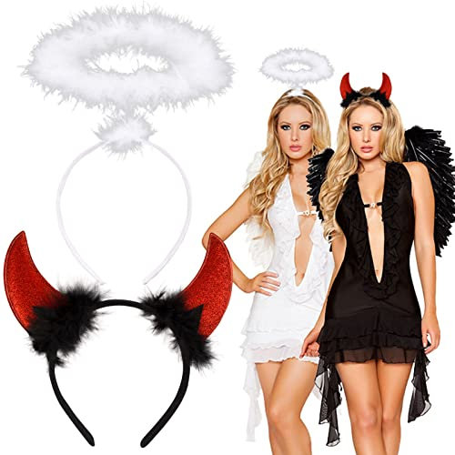 BOFUNX 2pcs Orecchie di Diavolo Cerchietto di Angelo Corna da Diavolo Accessori Fascia per Capelli Angel Halo Travestimento per Halloween Cosplay Bambini Adulti