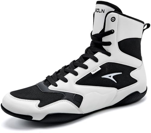 ASHION Men Wrestling Shoes Boxing Shoes High Top Fitness Sneakers Zero Drop Sole White Size 9.5