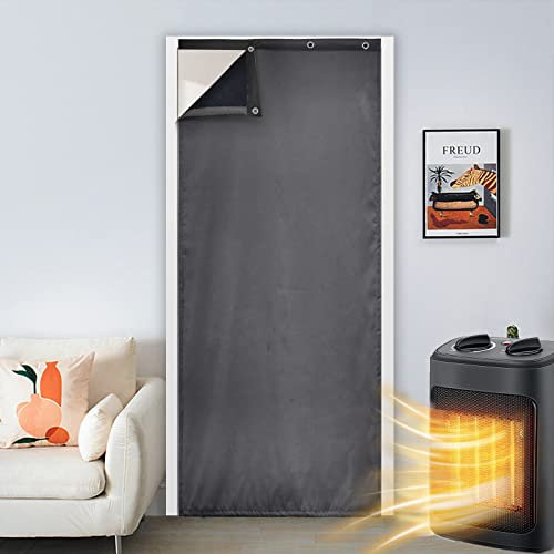 Qelus Thermal Insulated Door Curtain, 32'' W x 80'' Drop Blackout Self-Adhesive Waterproof Windproof Heat Blocking Noise Reduction Drape, Single Curtain, Grey