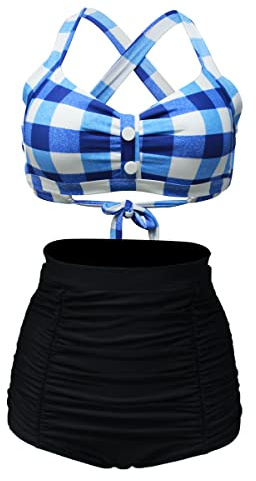 Viloree Dam retro hög midja bikini tvådelad baddräkt med kakelmönster, Blå kakel, 3XL