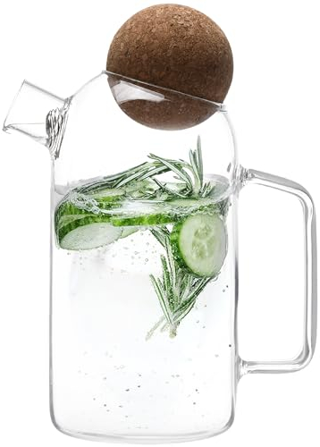 Whole Housewares Brocca in vetro con coperchio in sughero, elegante contenitore in vetro per bevande refrigerate, ideale per succhi, acqua, tè, latte, vetro borosilicato, coperchio in sughero rustico,