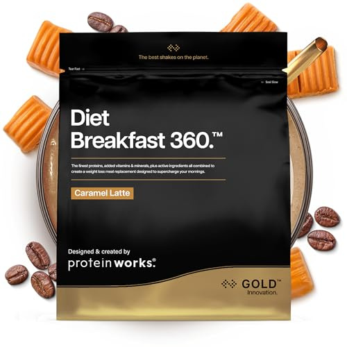 Protein Works | Diet Breakfast 360 - Gold, Caramel Latte, 18 Servings, 1kg | Diet Meal Replacement Shake, Supports Weight Loss, Added Caffeine, Green Tea Extract, Yerba Mate, 24 Vitamins & Minerals