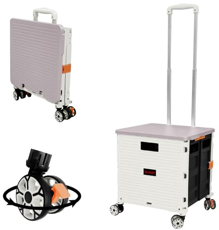 ZIYOU LANG Carrito Compras Plegable 50L 45KG 4 Ruedas Giratorias con Tapa | Ruedas desmontables, mango aluminio ajustable, frenos traseros, caja almacenamiento plegable resistente, Compras, Blanco