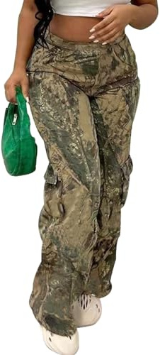 Famnbro Women Camo Pants Mid Waist Straight Leg Baggy Camouflage Cargo Pants Streetwear Trousers