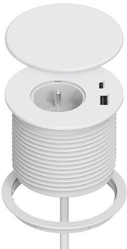Bloc Prise Encastrable, Dinolink Multiprise Encastrable avec 1 Prise, 1 Port USB C, 1 Port USB A, 80 mm de Diamètre, 1,5M de Câble, Prise Bureau pour la Cuisine, Le Bureau, Les Meubles, Blanc