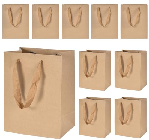 Lot de 10 sacs cadeaux en papier kraft avec anse - 18 x 10 x 23 cm - Réutilisables - Pour la Saint-Valentin, les aliments, la pâtisserie, les marchandises, les anniversaires, les mariages, les fêtes