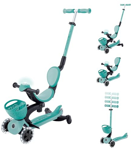 GLOBBER GO-UP Baby Lights 360° – Tretroller, Dreirad und Laufrad für Kinder – höhenverstellbares Kinderfahrzeug – 3rädrig bis 9 Jahre – Bunte LED-Leuchtrollen – Mint-dunkelmint