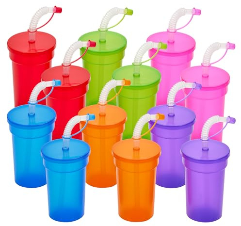 Playbees 12 Pack Neon Sipper Cups - 12 Oz. - Colorful, Spill-Proof Cups with Lids and Straws - Ideal for School Events, Themed Parties, and Birthday Celebrations - Party Supplies