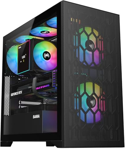 SAMA V Mesh Mid Tower PC Case - High Airflow PC Gaming Case Mesh Front Panel & Tempered Glass Side Panel, 3x140mm ARGB PWM Fans Pre-Installed, Supports ATX/M-ATX/ITX - Black
