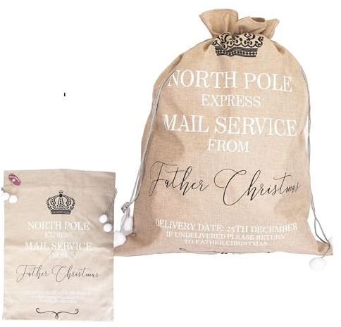 Trimming Shop Saco de Papá Noel extra grande beige 'North Pole Express Mail Service' | Bolsa de regalo de arpillera de 60 x 80 cm con cierre de cordón | Almacenamiento festivo para regalos de Navidad,