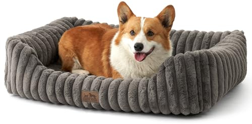 COZY KISS Cama para Perro Mediano, Ortopédica Sofá Lavable de Piel Sintética para Mascotas, con Superficie Suave y Base Antideslizante, Cama de Interior para Perros Pequeños, 89x64x20cm, Gris