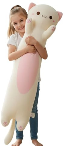 Aiuidun Peluche-Coussin Chat Long 90cm Oreiller Corporel Ultra Doux - Jouet Câlin Kawaii pour Enfant, Adulte, Cadeau Amoureux des Chats, Femme, Fille, Anniversaire(Grands Yeux Blanc)