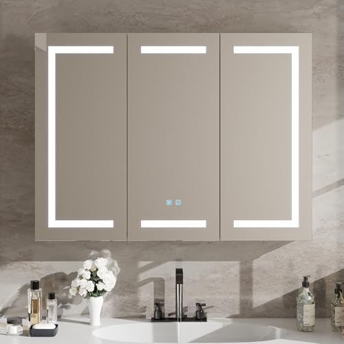 Armario con espejo de baño con iluminación de 120 x 40 x 90 cm, armario con espejo para baño con LED y enchufe, 120 cm de ancho, doble puerta, armario con espejo y estante, armario colgante