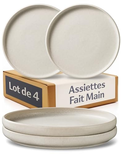 Cosumy Set da 4 Piatti da Cena in Ceramica Bianca Ø26 cm – Piatti Artigianali con Smalto Reattivo – Servizio Piatti Elegante, Adatti al Microonde e Lavabili in Lavastoviglie – Set Piatti per 4 Persone