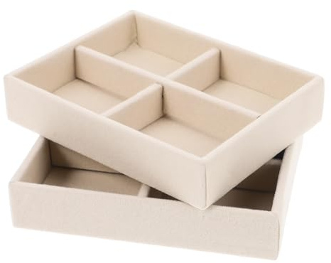 MUSISALY Bandejas Apilables para Joyas 2 Piezas Organizador Pequeño de Aretes y Anillos Bandeja de Tela Beige 4 Compartimentos Adecuado para Cajones y Exhibición de Pulseras