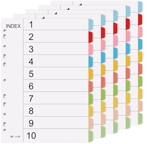 Separadores de cartón A4 en blanco para escribir, un total de 50 hojas de papel multicolor extraanchas, 11 agujeros, hojas separadoras para carpetas, prácticas cubiertas de papel estable para oficina